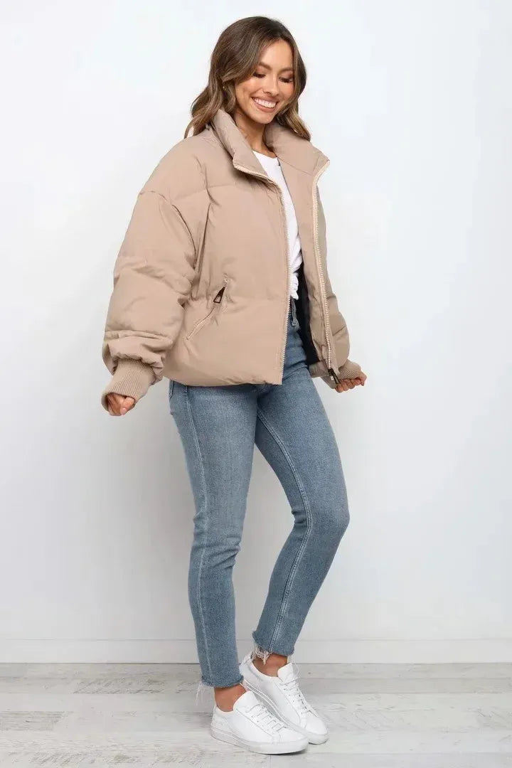Oversized Short Puffer Jacket with Zip-Up Closure and Ribbed Cuffs