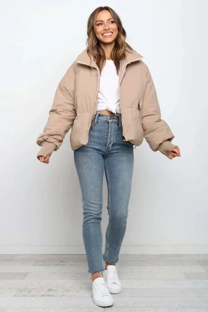 Oversized Short Puffer Jacket with Zip-Up Closure and Ribbed Cuffs