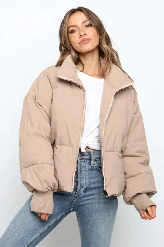 Oversized Short Puffer Jacket with Zip-Up Closure and Ribbed Cuffs
