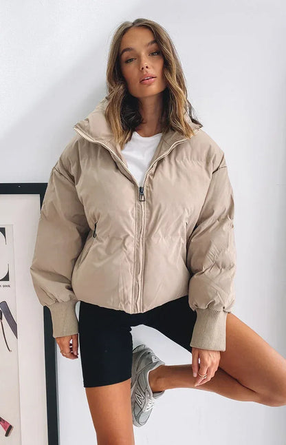 Oversized Short Puffer Jacket with Zip-Up Closure and Ribbed Cuffs