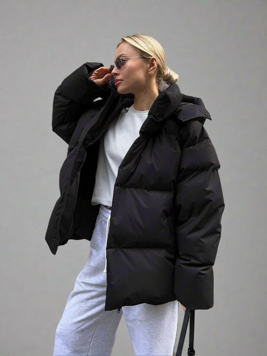Oversized Hooded Puffer Jacket with Zip Closure and Side Pockets
