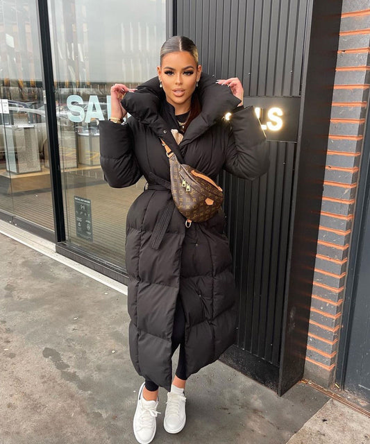 Long Puffer Parka Jacket with Oversized Collar and Tie Waist Belt