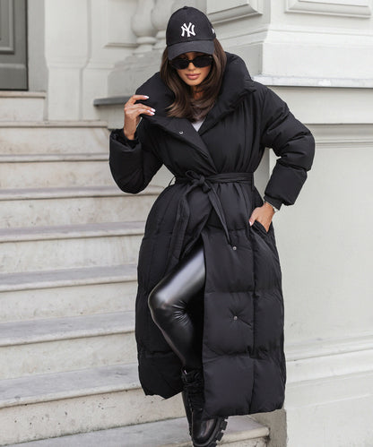Long Puffer Parka Jacket with Oversized Collar and Tie Waist Belt