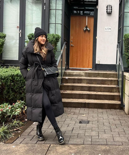 Long Puffer Parka Jacket with Oversized Collar and Tie Waist Belt