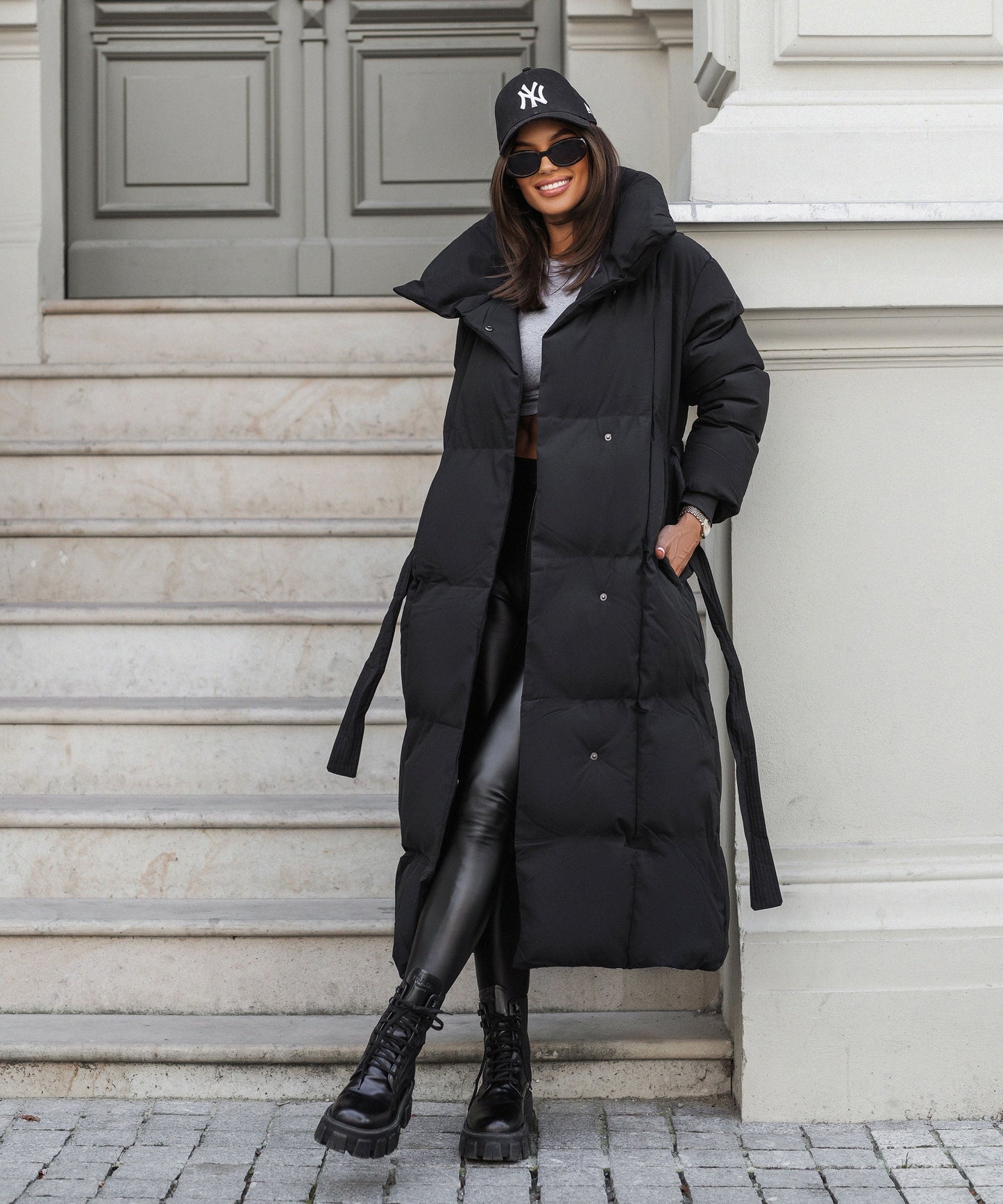 Long Puffer Parka Jacket with Oversized Collar and Tie Waist Belt