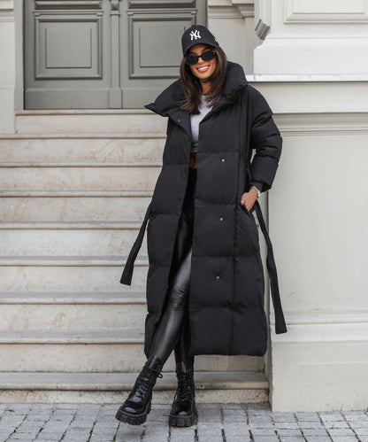 Long Puffer Parka Jacket with Oversized Collar and Tie Waist Belt