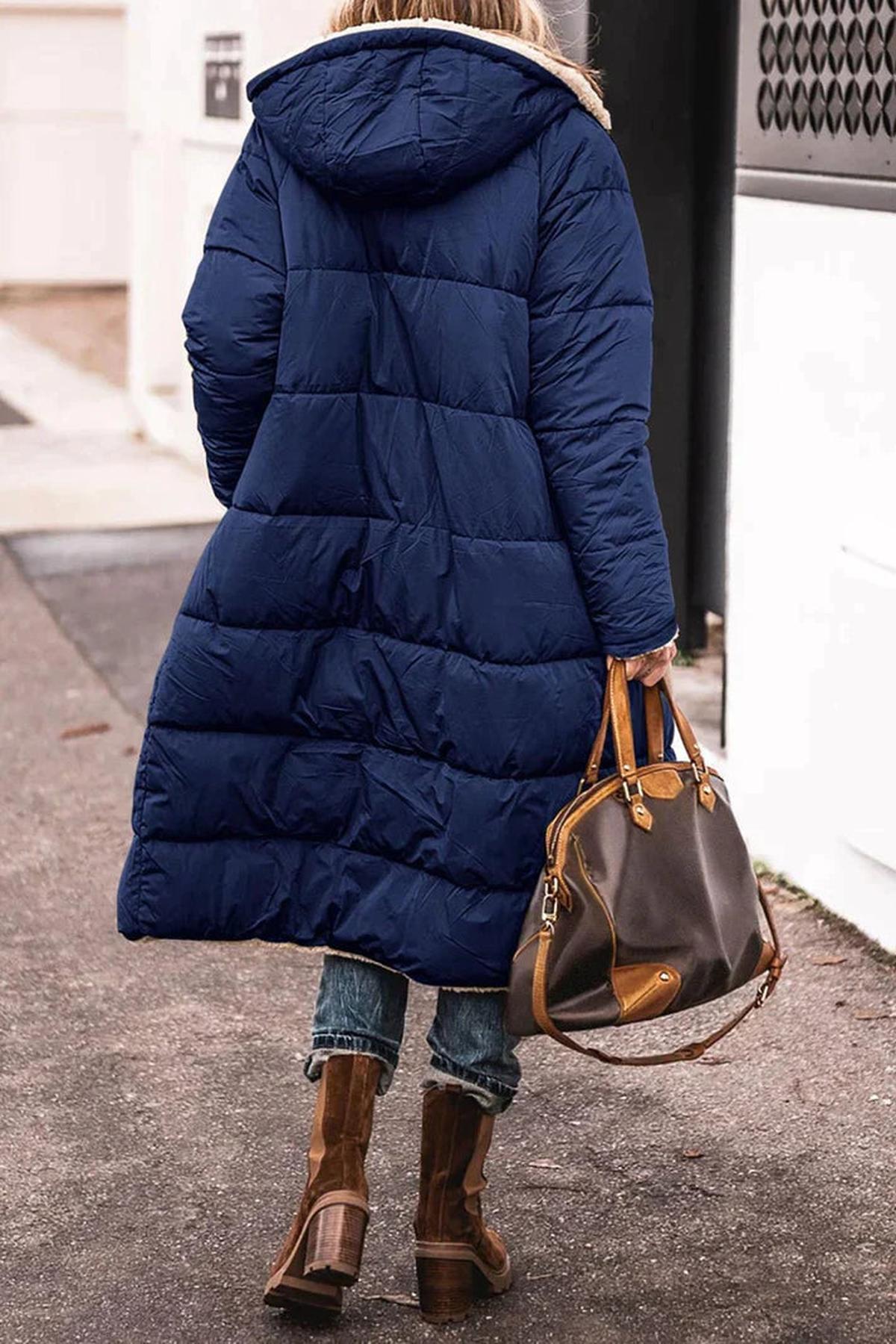 Long Reversible Puffer Coat with Hood and Teddy Lining
