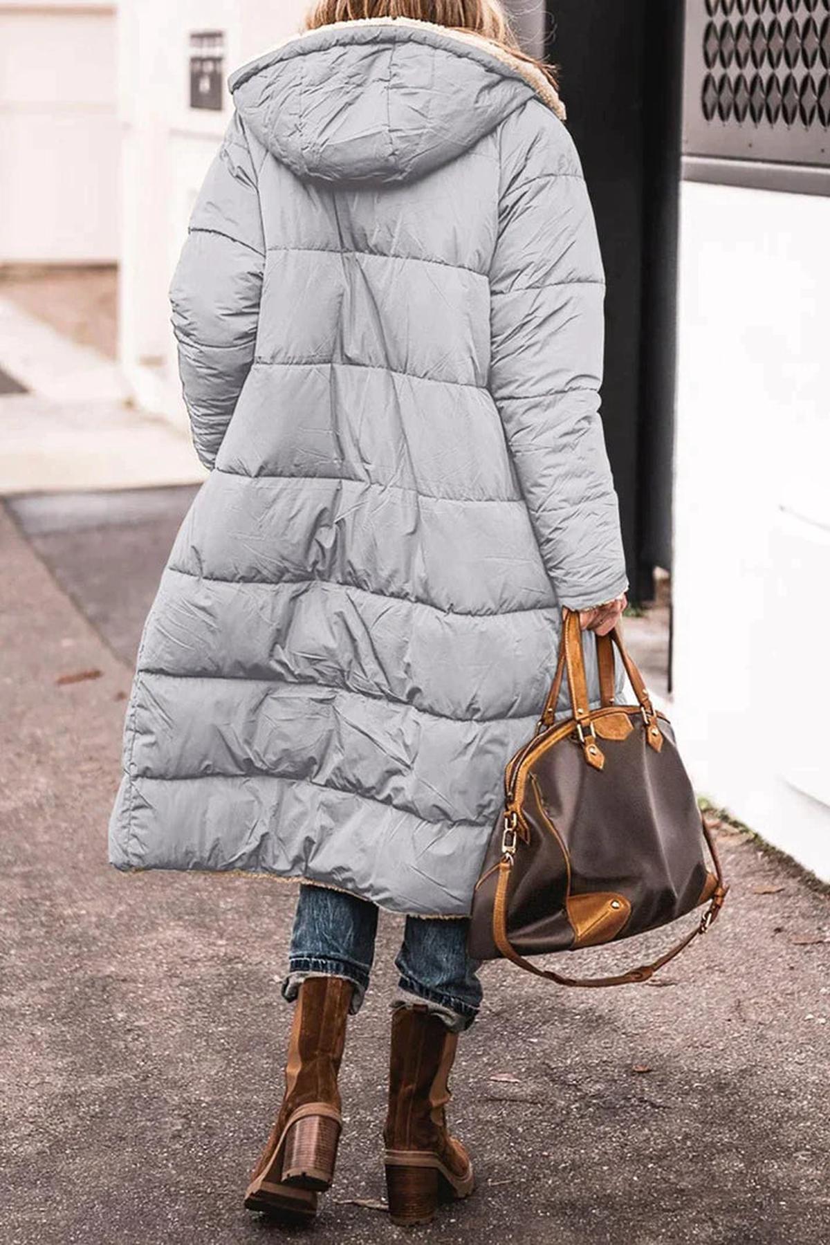 Long Reversible Puffer Coat with Hood and Teddy Lining