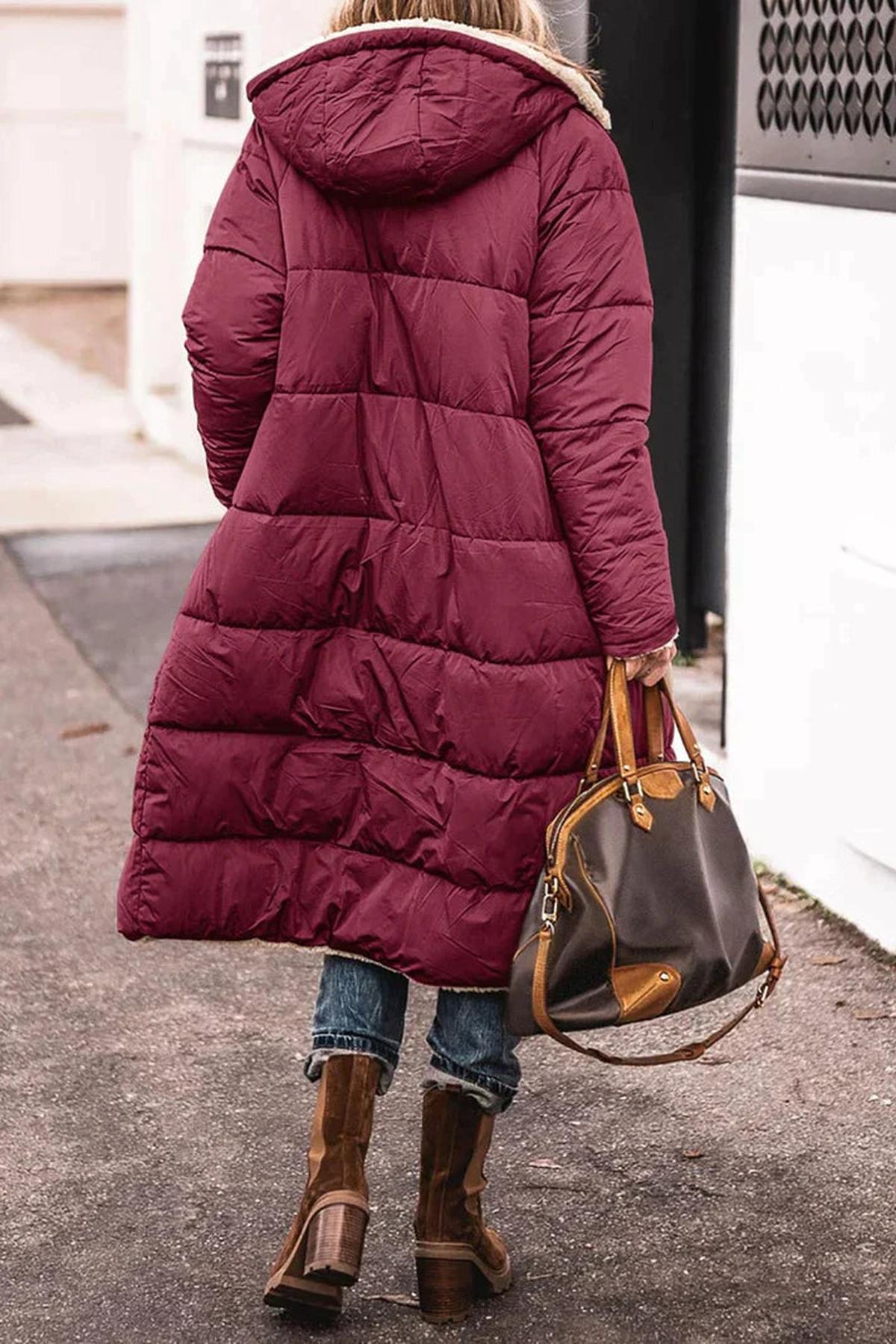 Long Reversible Puffer Coat with Hood and Teddy Lining