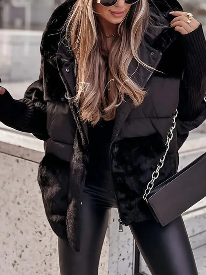 Puffer Jacket with Faux Fur Panels and Knit Cuffs