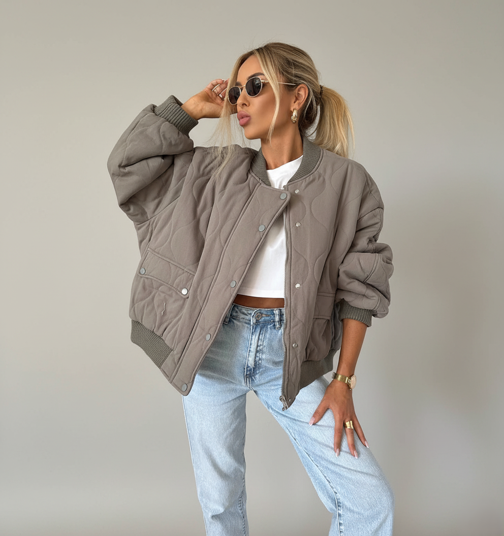 Oversized Quilted Bomber Jacket with Snap Button Closure and Ribbed Trim