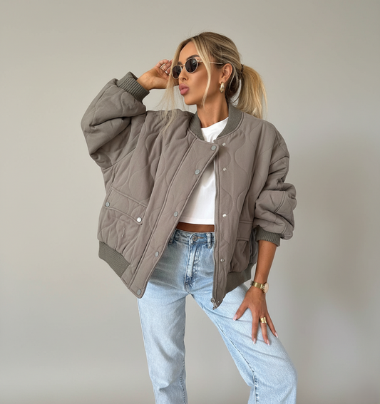 Oversized Quilted Bomber Jacket with Snap Button Closure and Ribbed Trim