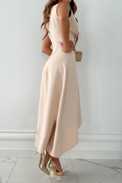 Sleeveless Wrap Dress with V-Neckline and Asymmetric Hem
