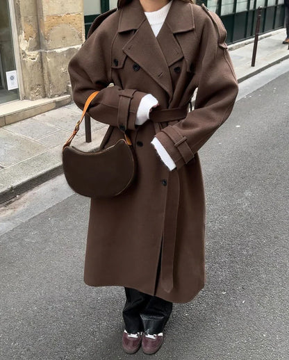 Double-Breasted Wool Coat with Notched Lapels and Tie Belt Closure