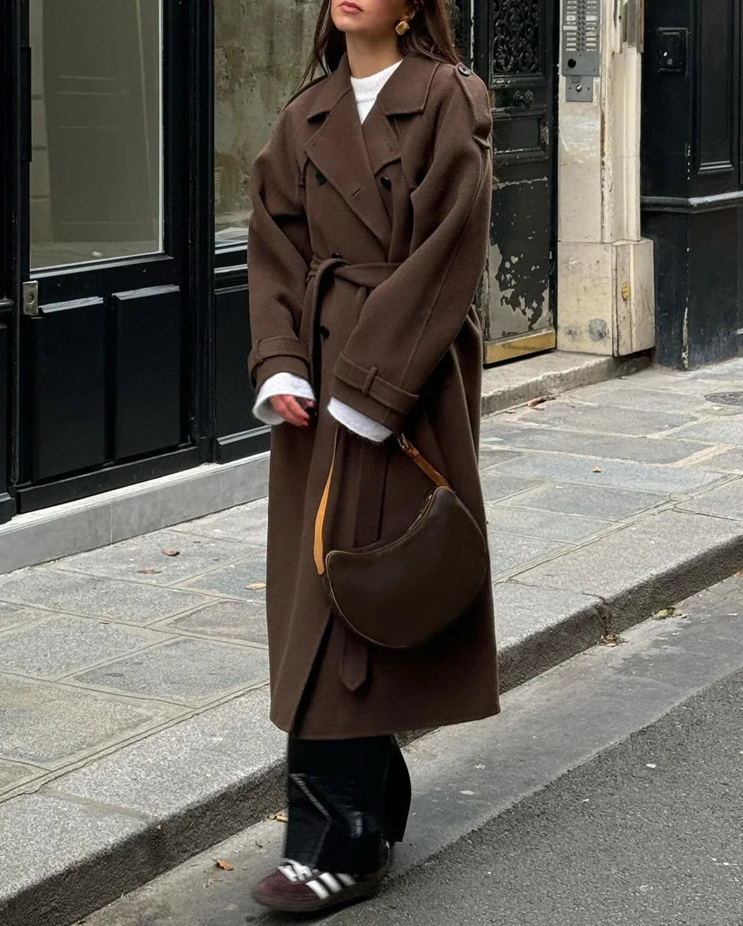Double-Breasted Wool Coat with Notched Lapels and Tie Belt Closure