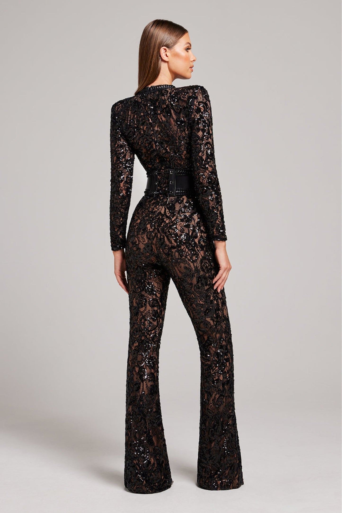Long Sleeve Jumpsuit with Mock Neckline, Sequin Overlay, and Flared Legs