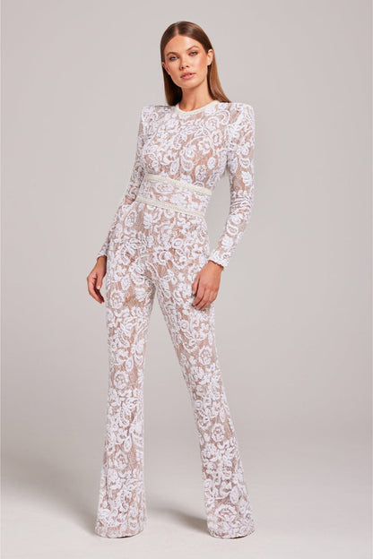 Long Sleeve Jumpsuit with Mock Neckline, Sequin Overlay, and Flared Legs