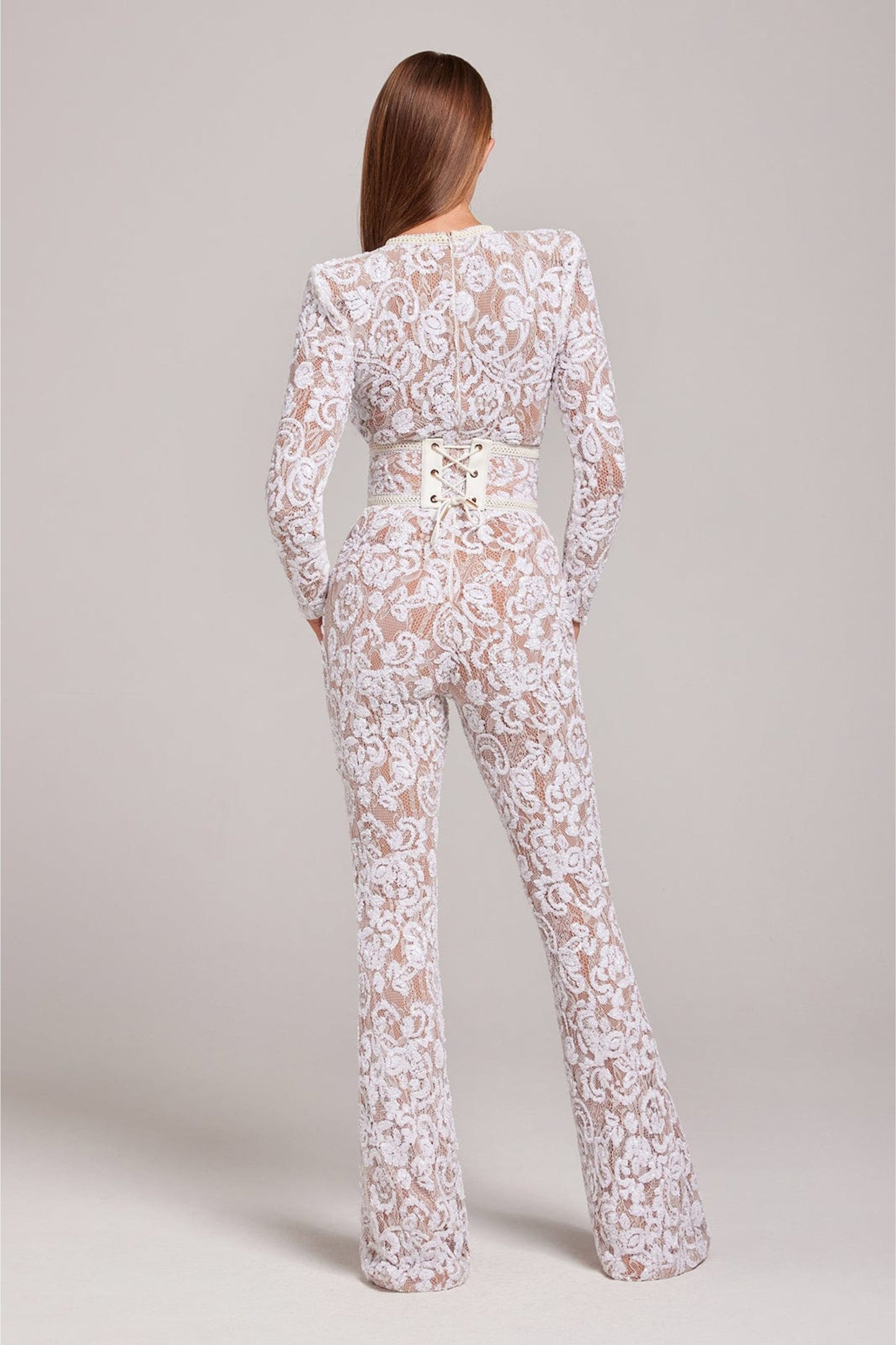 Long Sleeve Jumpsuit with Mock Neckline, Sequin Overlay, and Flared Legs