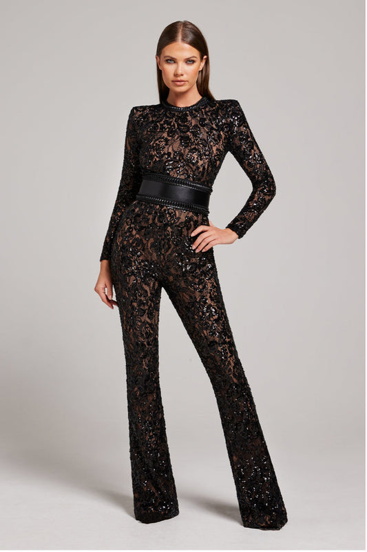 Long Sleeve Jumpsuit with Mock Neckline, Sequin Overlay, and Flared Legs