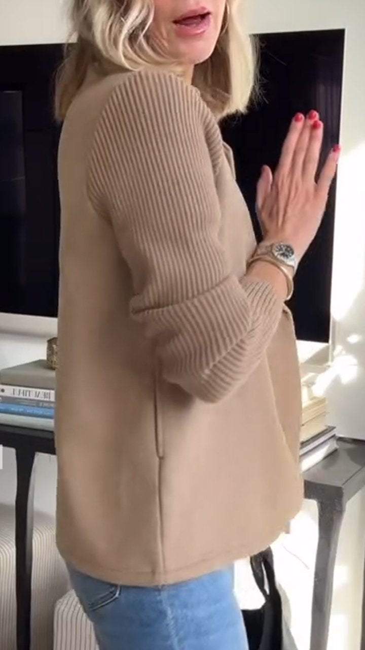 Blazer with Notched Lapels and Ribbed Knit Sleeves