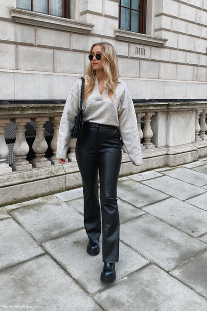 High-Waisted Faux Leather Trousers with Flared Leg