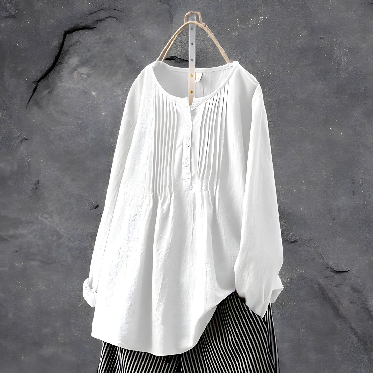 Long Sleeves Blouse with Pintucks and Button-Front Placket