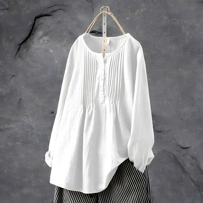 Long Sleeves Blouse with Pintucks and Button-Front Placket