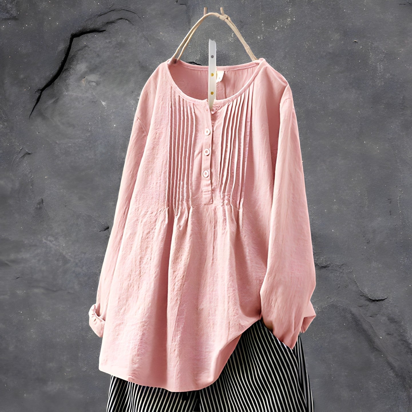 Long Sleeves Blouse with Pintucks and Button-Front Placket