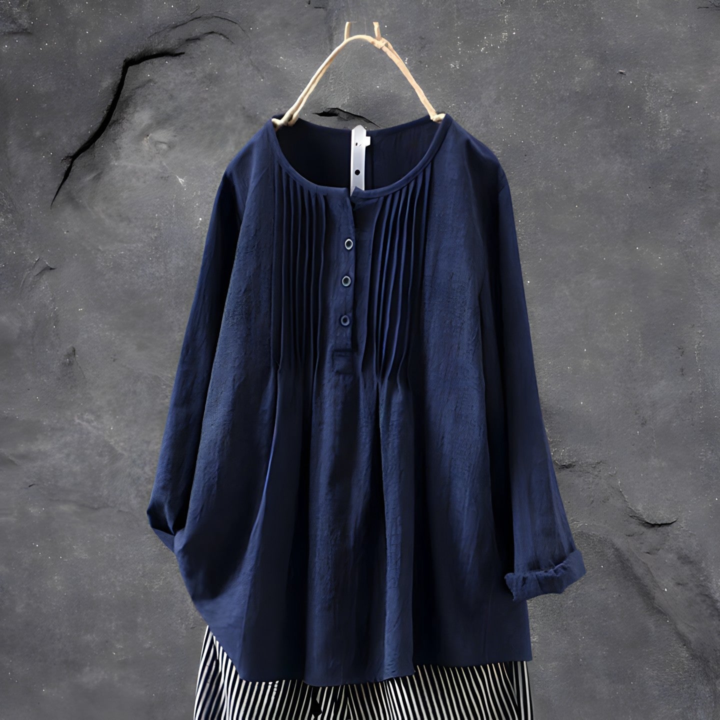 Long Sleeves Blouse with Pintucks and Button-Front Placket