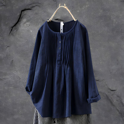 Long Sleeves Blouse with Pintucks and Button-Front Placket