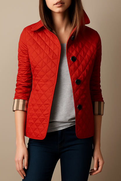 Diamond Quilted Jacket with Point Collar and Button Closure