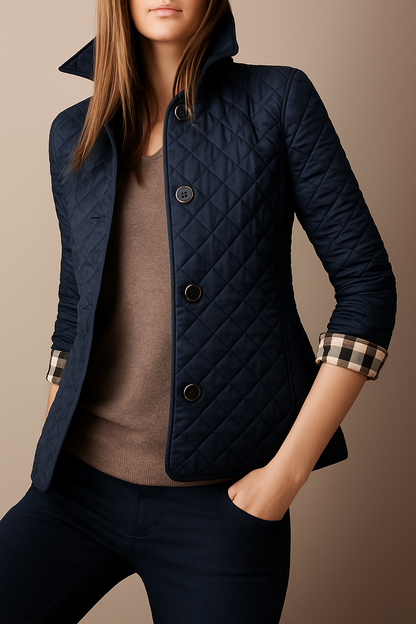 Diamond Quilted Jacket with Point Collar and Button Closure