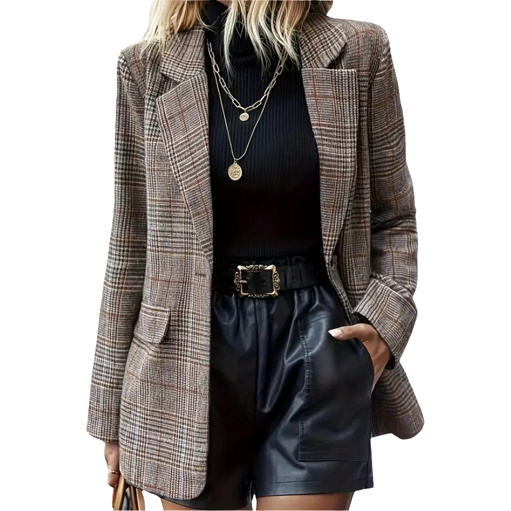 Plaid Print Notched-Lapel Single-Breasted Blazer