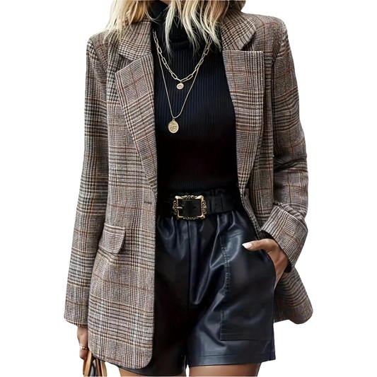 Plaid Print Notched-Lapel Single-Breasted Blazer