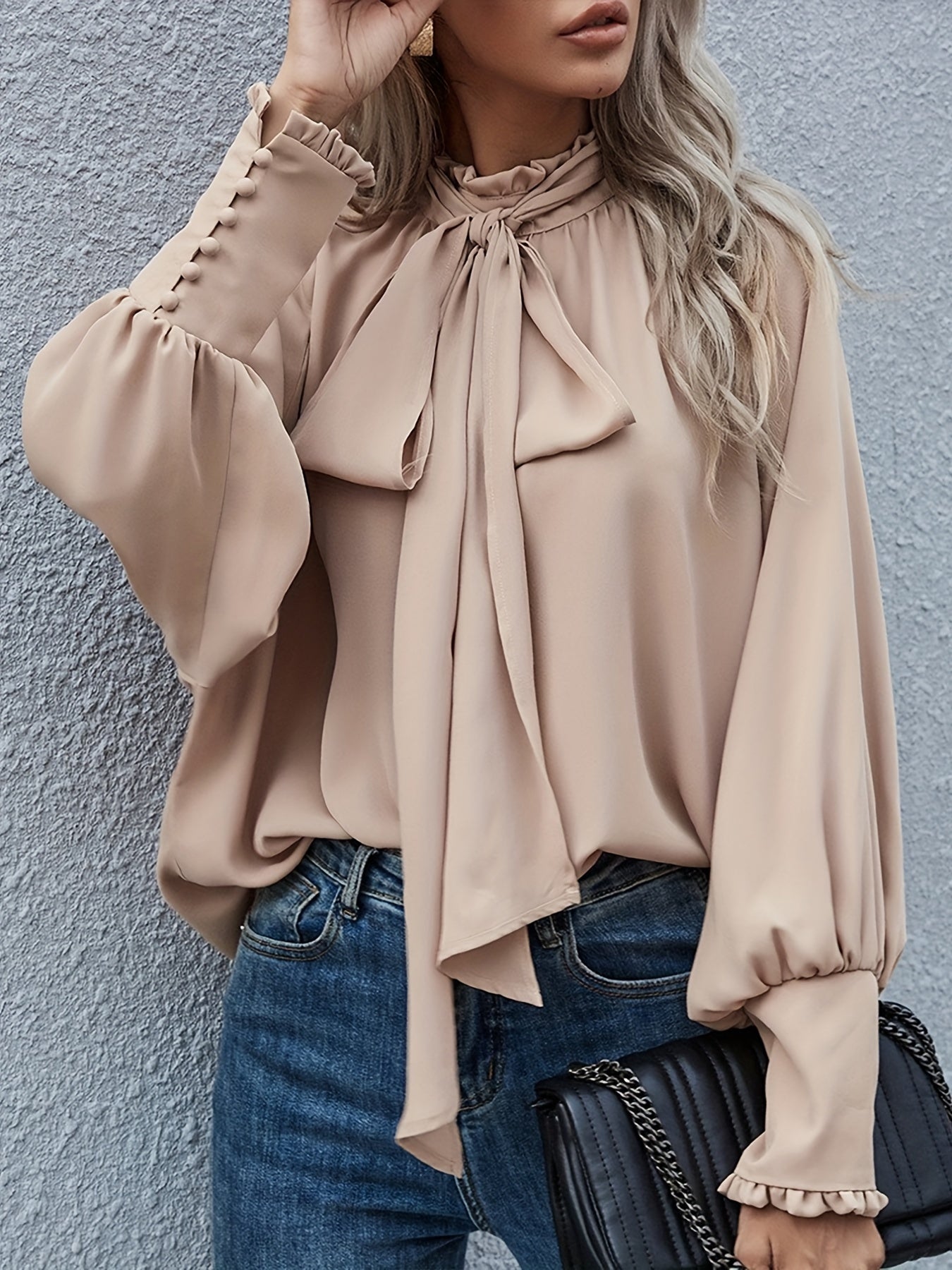 Tie-Neck Blouse with Ruffled Collar and Long Bishop Sleeves