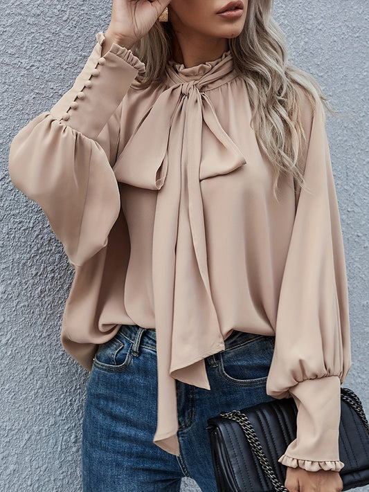 Tie-Neck Blouse with Ruffled Collar and Long Bishop Sleeves