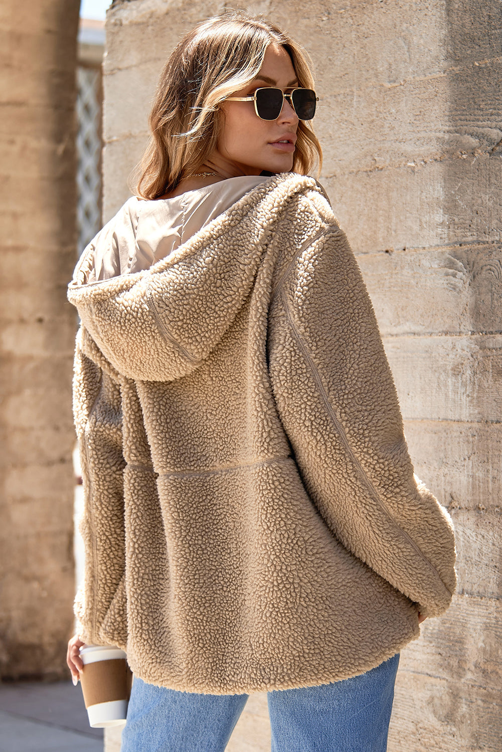 Hooded Sherpa Jacket with Zip Closure