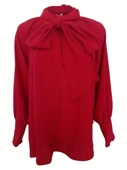 Tie-Neck Blouse with Ruffled Collar and Long Bishop Sleeves