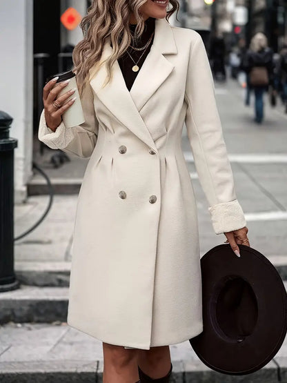Midi Length Double-Breasted Coat with Faux Fur Cuffs