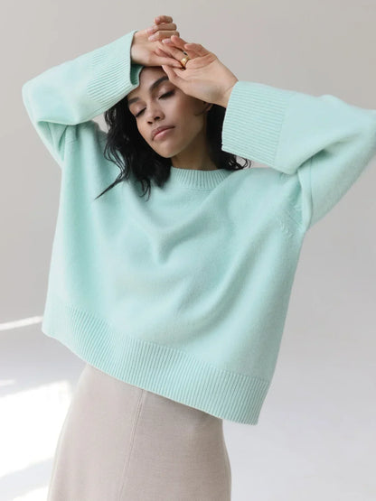 Oversized Knit Sweater with Crew Neck and Ribbed Trims