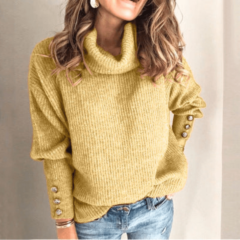 Turtleneck Relaxed-Fit Long-Sleeve Button-Cuff Sweater