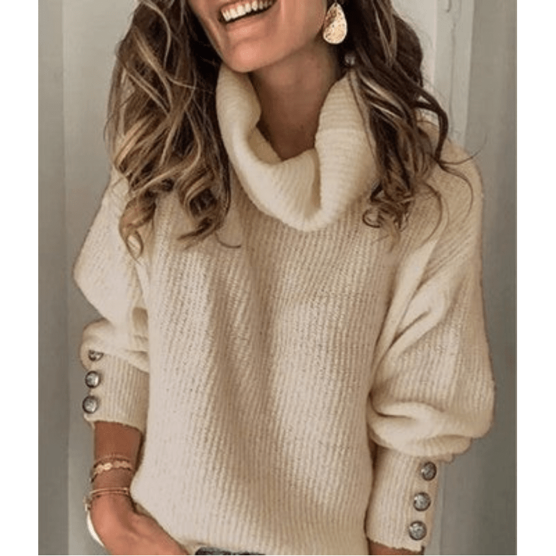 Turtleneck Relaxed-Fit Long-Sleeve Button-Cuff Sweater