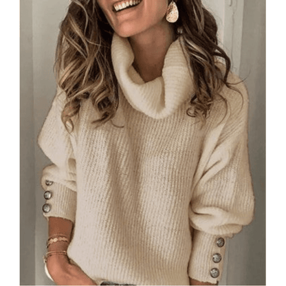 Turtleneck Relaxed-Fit Long-Sleeve Button-Cuff Sweater