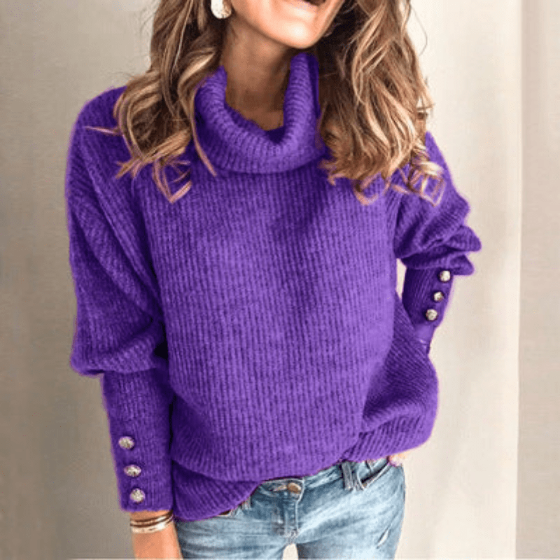 Turtleneck Relaxed-Fit Long-Sleeve Button-Cuff Sweater