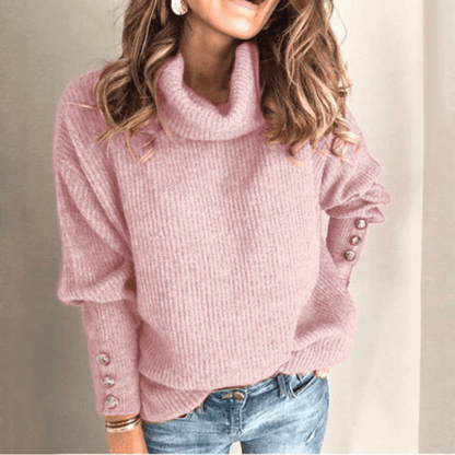 Turtleneck Relaxed-Fit Long-Sleeve Button-Cuff Sweater