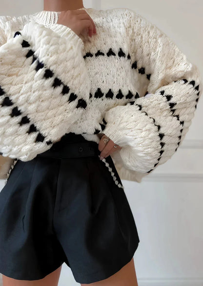 Round Neck Balloon Sleeve Textured Knit Sweater