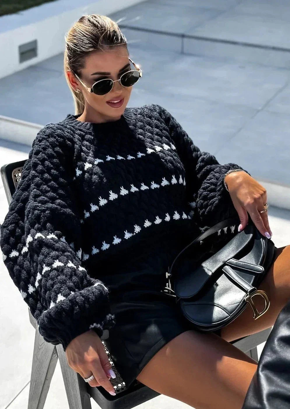 Round Neck Balloon Sleeve Textured Knit Sweater