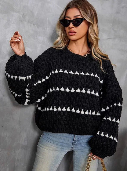 Round Neck Balloon Sleeve Textured Knit Sweater
