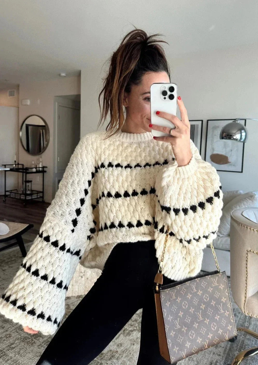 Round Neck Balloon Sleeve Textured Knit Sweater