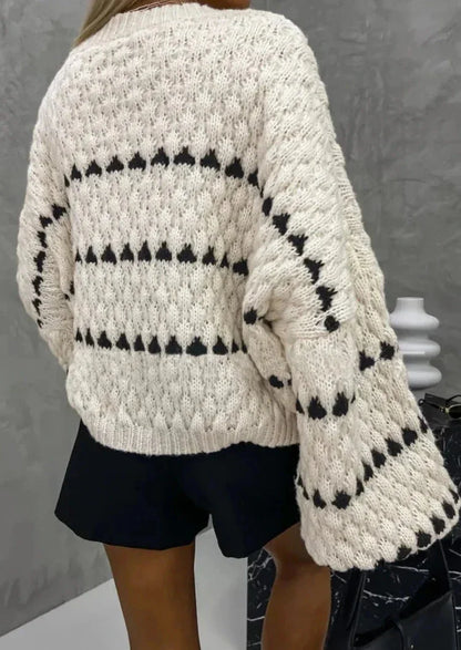 Round Neck Balloon Sleeve Textured Knit Sweater